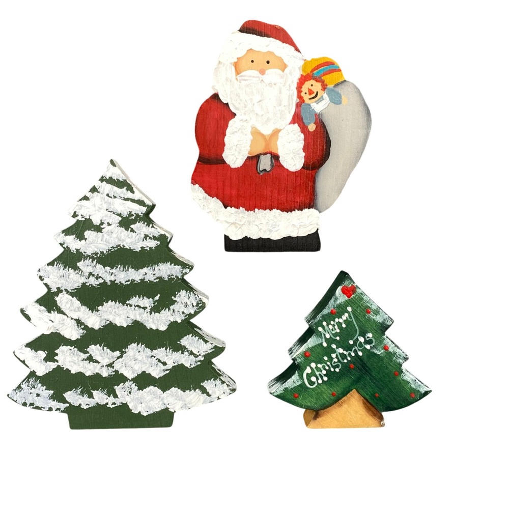 Vintage Hand Painted Wood Christmas Decor Lot Santa Trees Folk Art Signed
